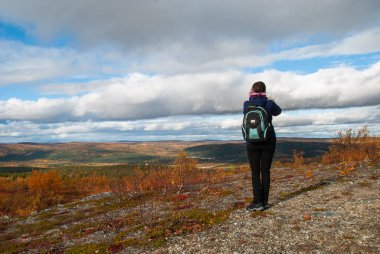 Arkadan bir kadın bir dağın tepesinde duruyor ve Norveç sonbahar manzarasının tadını çıkarıyor.