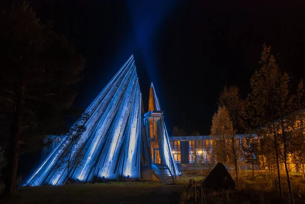 Blue Illuminated Sami Parliament Building Night Karasjok Village Norway — Stock Photo, Image