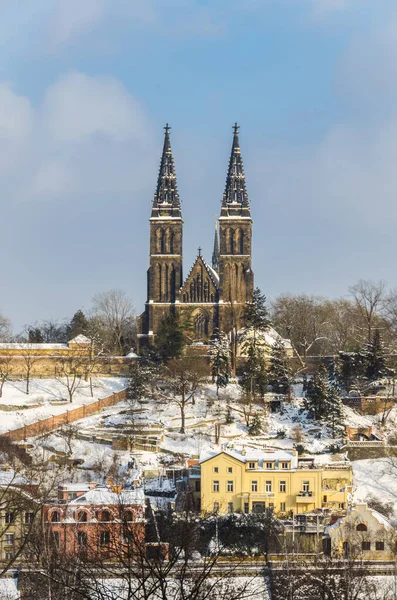 View Vysehrad Castle Basilica Peter Paul Prague Czech Republic Winter — Stock Photo, Image