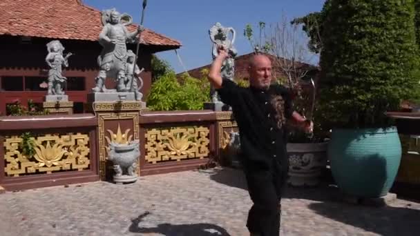 Prácticas Maestras Kung Sensei Está Practicando Con Cuchillos Práctica Kung — Vídeos de Stock