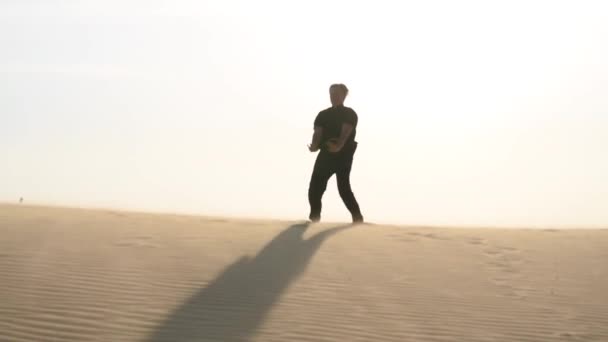 日落时 黑衣女子在沙丘上练武 大量的沙子 金色的落日光芒 运动训练 夕阳西下的运动女性轮廓 强风扫沙 结束计划 — 图库视频影像