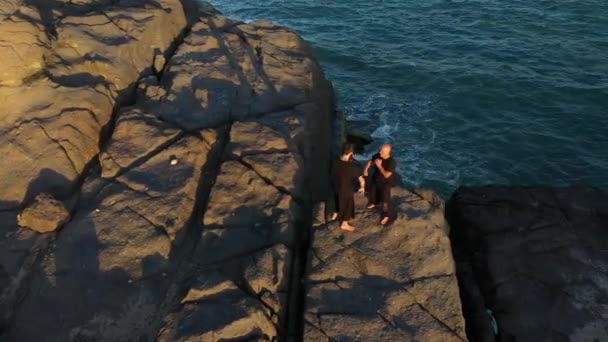 Two Men Have Kung Practice Aerial View Sportsmen Sea Sunset — Stock Video