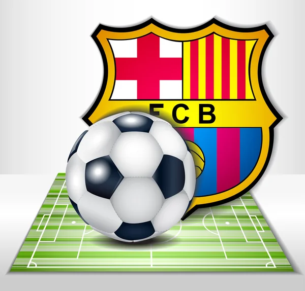 Football field with ball and football clubs barcelona logo. — Stock Vector