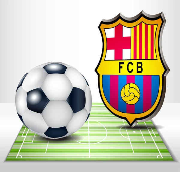 Campo de futebol com bola e futebol clubes barcelona logotipo . — Vetor de Stock