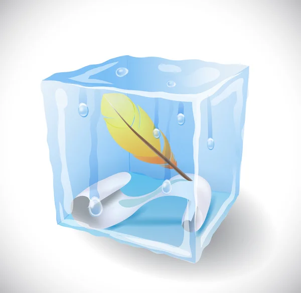 Cubo de hielo con pluma y papel  . — Vector de stock