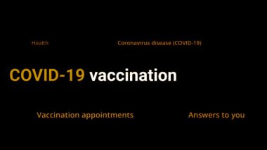Coronavirus aşısı COVID-19. Koronavirüse karşı aşı ve aşı, COVID-19, virüs, grip. Haber, sosyal ya da tıbbi medya kavramı. Farklı metin koyu arkaplanı üzerinde vurgulanmış ifade.