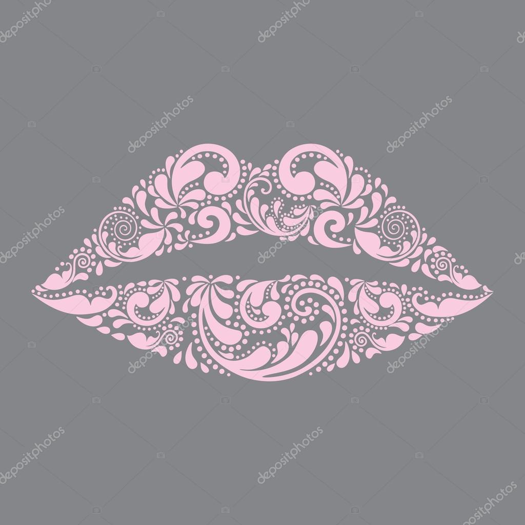 Pink lips vector. Fashion and beauty. Print for T-shirt. Isolated object. Symbol, icon. Painted floral pattern.