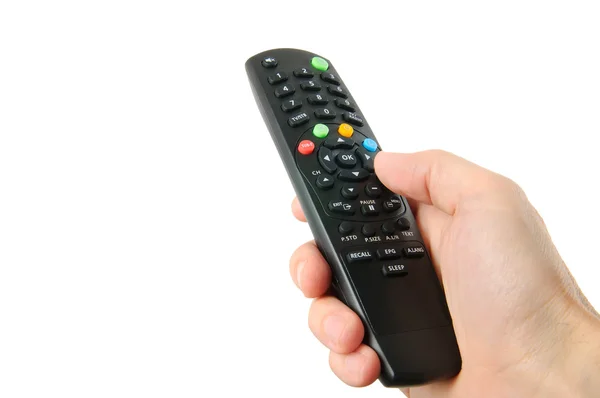 Afstandsbediening van de TV in hand geïsoleerd op wit — Stockfoto