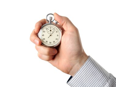 Kronometre, beyaz arka plan üzerinde izole tutan el closeup