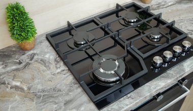 Büyük bir tava için modern gaz ocağı ocağı ocağı. Çift gaz ocağı tavası. Mutfağın stili. Modern tasarım.