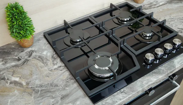 Modern Gas stove wok burner for a large pan . Double gas burner wok. The style of the kitchen.  Modern design.