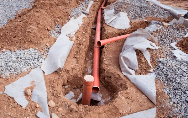 Sistema Tuberías Drenaje Lugar Construcción Tubo Naranja — Foto de Stock