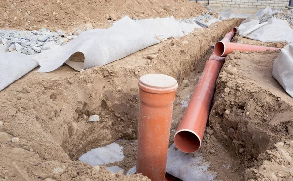 Sistema Tuberías Drenaje Lugar Construcción Tubo Naranja — Foto de Stock