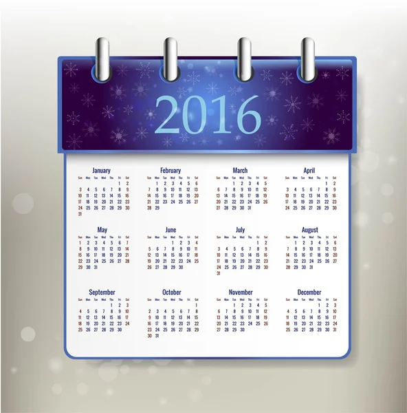 Kalender 2016 jaar vector ontwerpsjabloon — Stockvector