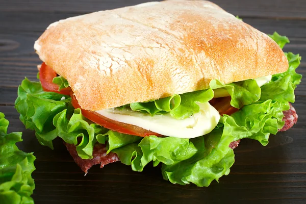 Бутерброд з моцарелою, помідорами та салатом — стокове фото