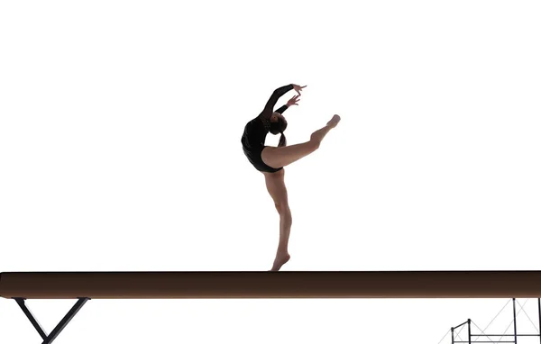 Kvinnlig Gymnast Gör Ett Komplicerat Trick Professionell Arena — Stockfoto