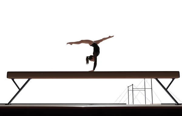 Gimnasta Femenina Haciendo Truco Complicado Una Arena Profesional — Foto de Stock