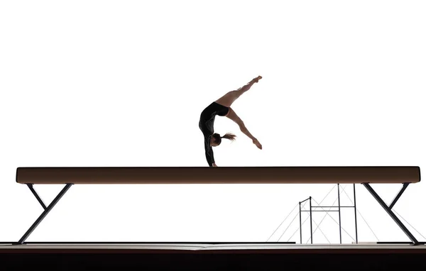 Žena Gymnastka Dělá Komplikovaný Trik Profesionální Aréně Stock Fotografie