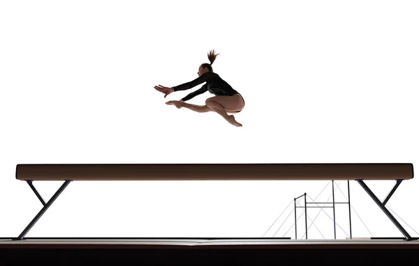 Žena Gymnastka Dělá Komplikovaný Trik Profesionální Aréně Stock Obrázky