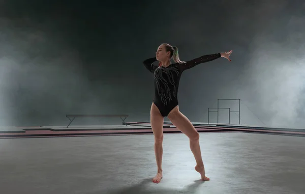 Gimnasta Femenina Haciendo Truco Complicado Una Arena Profesional —  Fotos de Stock