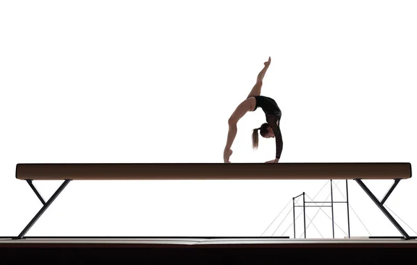 Žena Gymnastka Dělá Komplikovaný Trik Profesionální Aréně Stock Snímky