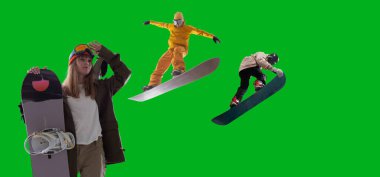 Snowboarding riders isolated on green screen.