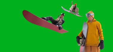 Snowboarding riders isolated on green screen.