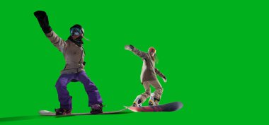 Snowboarding riders isolated on green screen.