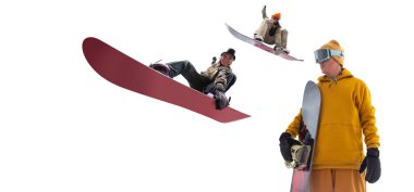 Snowboard sürücüleri beyaz arka planda izole edildi.