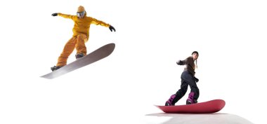 Snowboard sürücüleri beyaz arka planda izole edildi.
