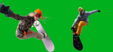 Snowboarding riders isolated on green screen.