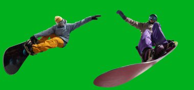 Snowboarding riders isolated on green screen.