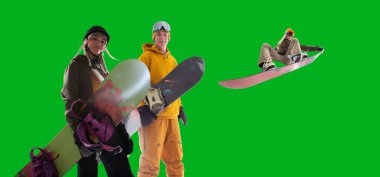 Snowboarding riders isolated on green screen.