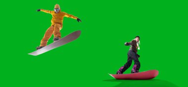 Snowboarding riders isolated on green screen.