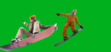 Snowboarding riders isolated on green screen.