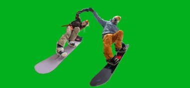 Snowboarding riders isolated on green screen.