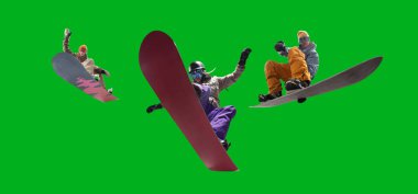 Snowboarding riders isolated on green screen.