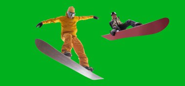 Snowboarding riders isolated on green screen.