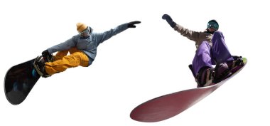 Snowboard sürücüleri beyaz arka planda izole edildi.