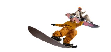 Snowboard sürücüleri beyaz arka planda izole edildi.