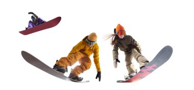Snowboard sürücüleri beyaz arka planda izole edildi.