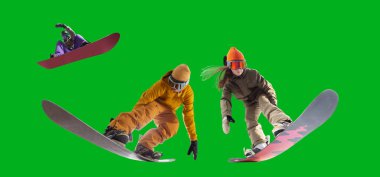 Snowboarding riders isolated on green screen.