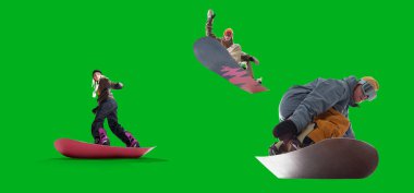 Snowboarding riders isolated on green screen.