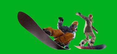 Snowboarding riders isolated on green screen.