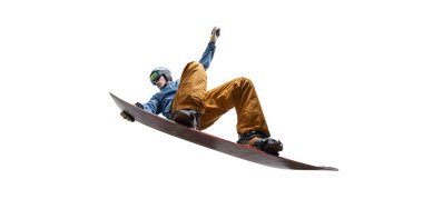 Snowboard binicisi beyaz üzerine izole edilmiş.