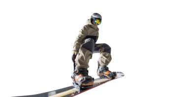 Snowboard binicisi beyaz üzerine izole edilmiş.