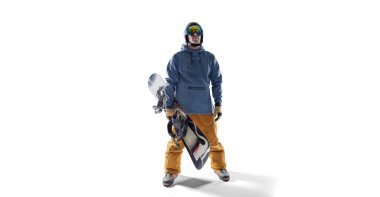 Snowboard binicisi beyaz üzerine izole edilmiş.