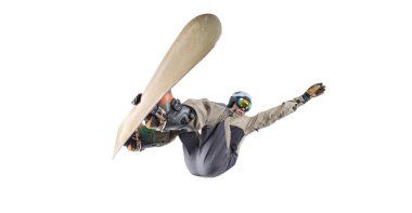 Snowboard binicisi beyaz üzerine izole edilmiş.