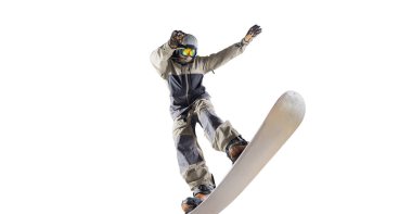 Snowboard binicisi beyaz üzerine izole edilmiş.