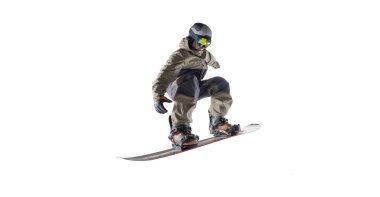 Snowboard binicisi beyaz üzerine izole edilmiş.
